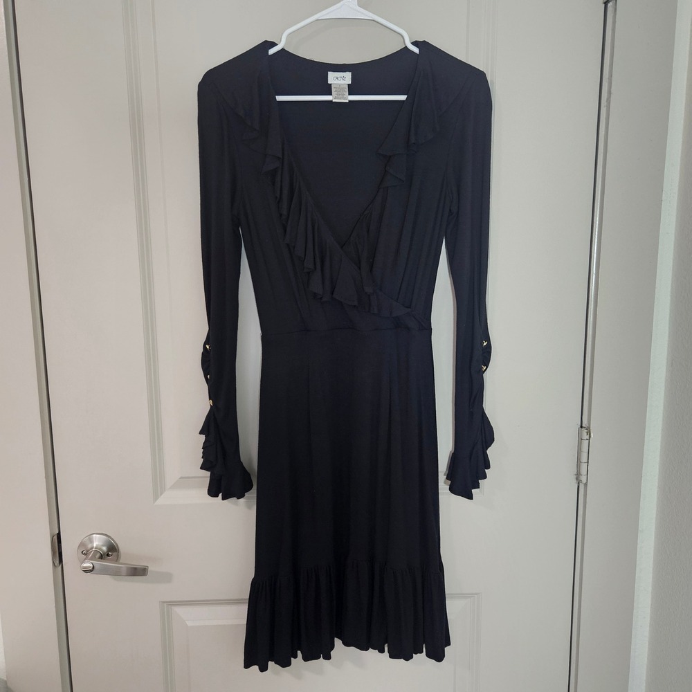 Cache Womens Black Ruffle V-Neck Long Sleeve Fit Flare Dress Gold Detail Size 2